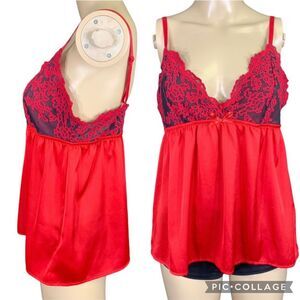 Tahari Sleepwear Womens Lingerie Top Pajama Sleepwear Satin Lace Babydoll Red